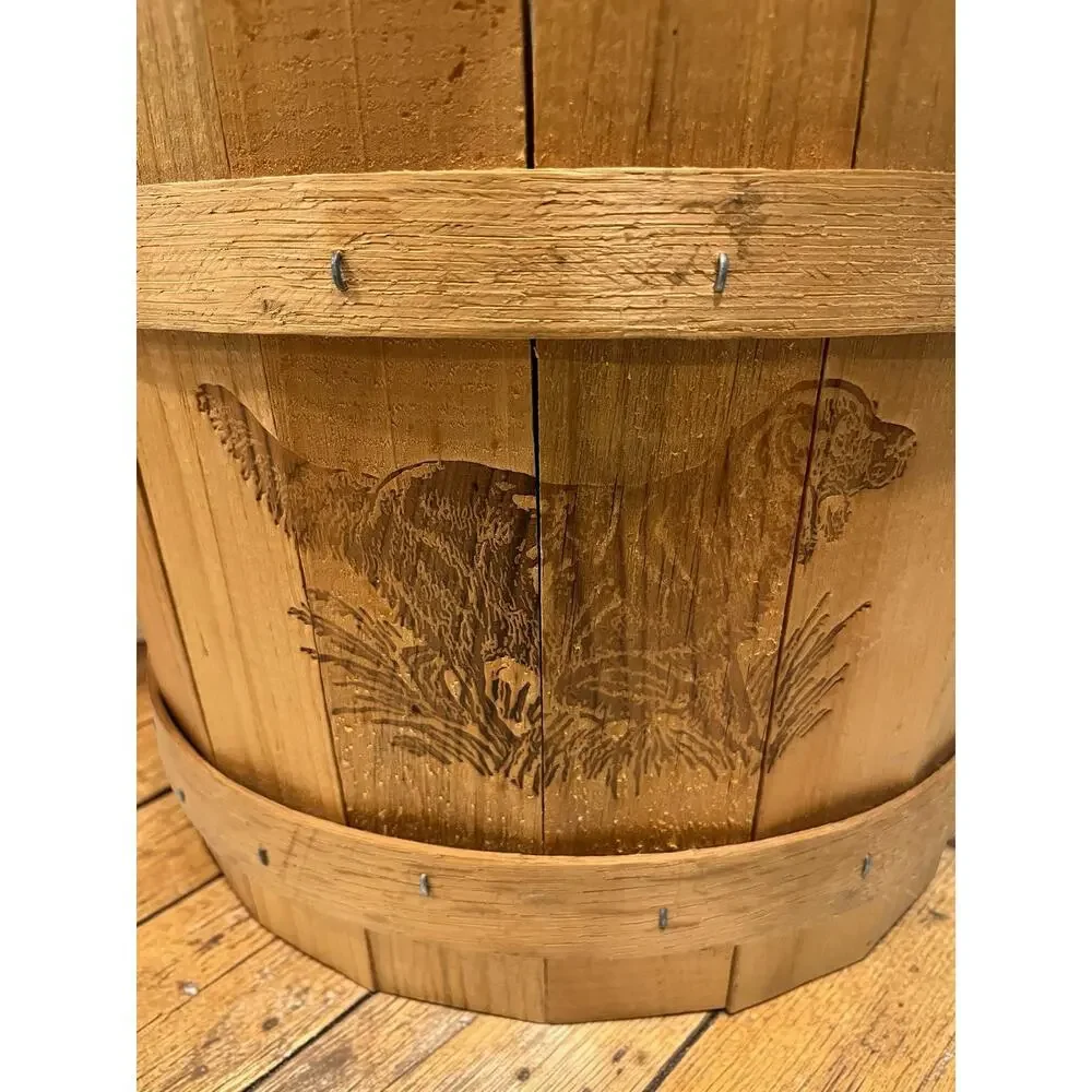 Vintage Maine Half Bucket Co Pine Wood Retriever Dog Basket Planter USA w Tag